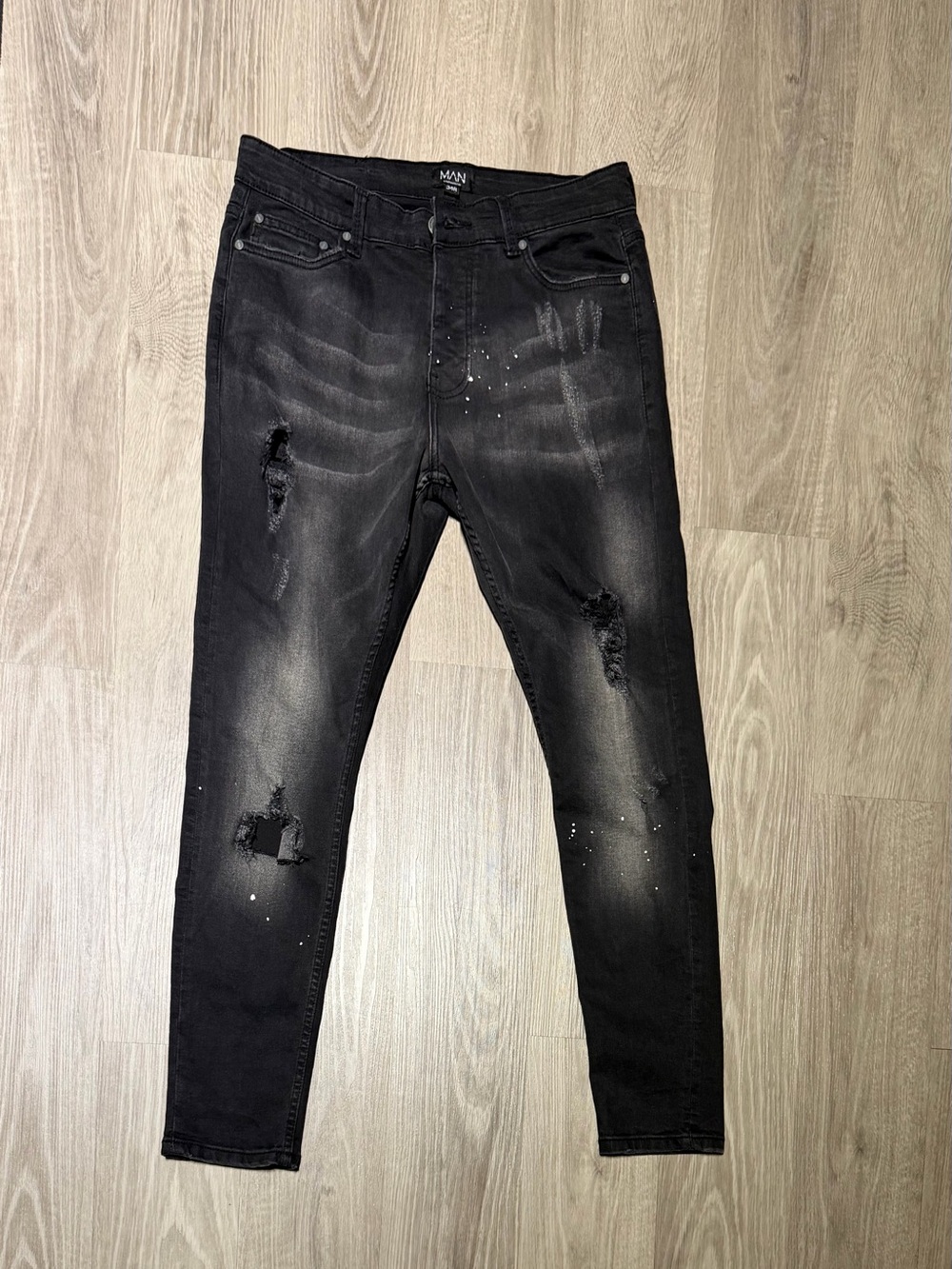 Boohoo Mens Black Distressed Skinny Jeans with Paint-Splash Detail